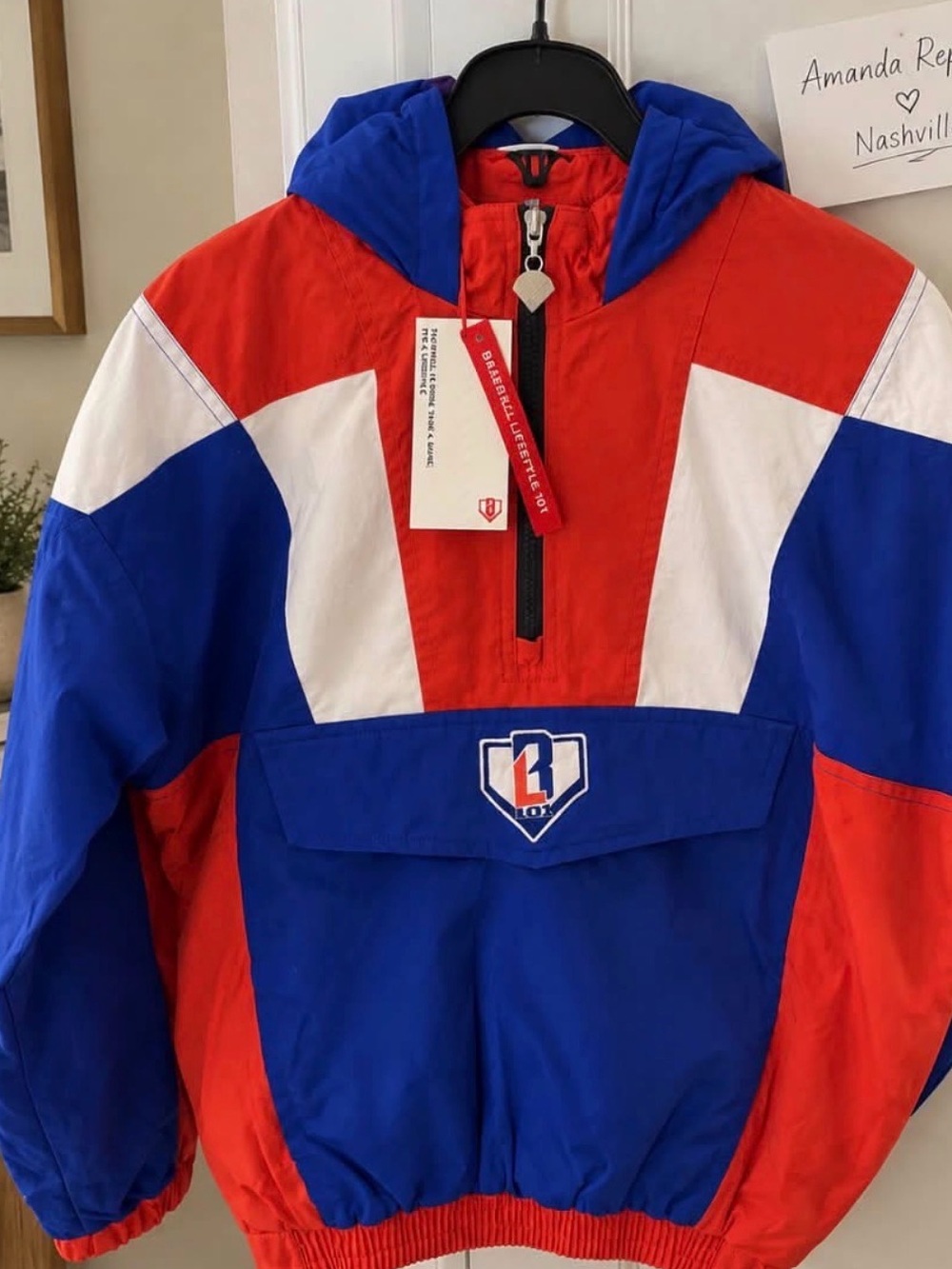Colorblock Kids Puffer Jacket in Red, Blue & White youth large